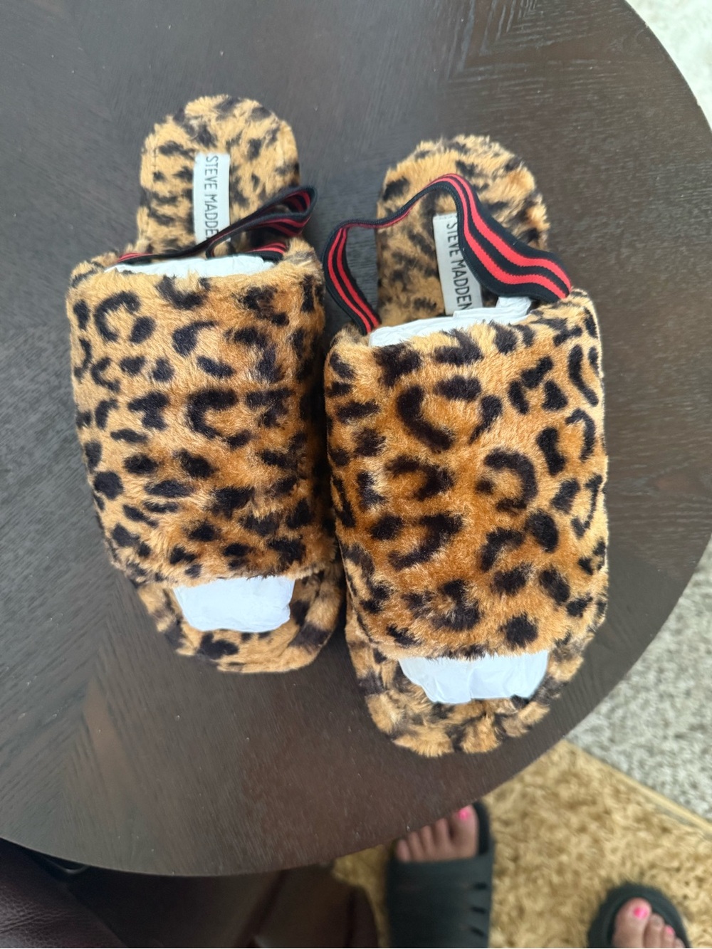 Steve Madden Leopard-Print Fuzzy Slide Sandals with Elastic Strap